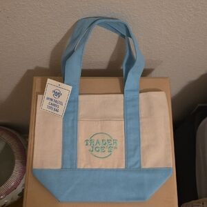 Trader Joe's Mini Pastel Canvas Tote Bag - Light Blue & Cream